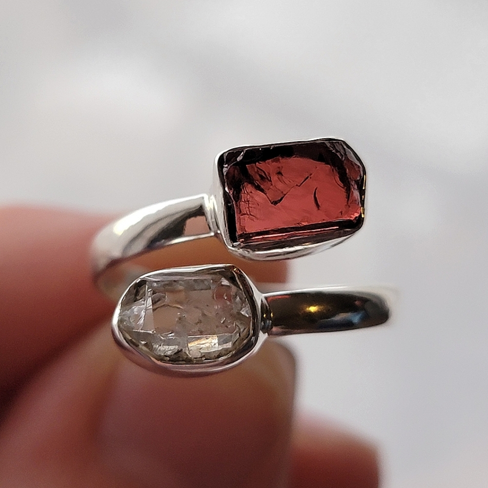 Garnet with Herkimer Diamond Sterling Silver Bypass Gemstone Ring